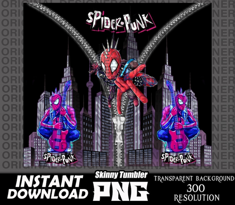 May include: A digital design featuring a cartoon Spider-Man character playing a guitar in front of a city skyline. The design includes the text "Spider-Punk" and is suitable for use on a skinny tumbler.