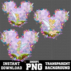 May include: Three Mickey Mouse-shaped graphic designs featuring Tinker Bell in a green dress with translucent wings. Each design includes a purple castle background, colourful flowers, and blue butterflies. The text reads 300DPI PNG INSTANT DOWNLOAD.