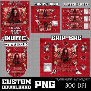 descendants red party favors bundle with invitation png, descendants red Birthday party, descendants red  Chip bags, water label, candy wrap