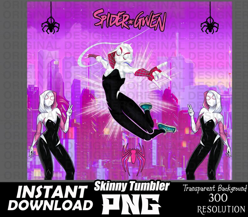 May include: A digital design for a skinny tumbler featuring Spider-Gwen in a dynamic pose, set against a cityscape with a pink and purple gradient. The design includes the text "Spider-Gwen" and spider web graphics.