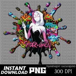 Może przedstawiać: Cyfrowa ilustracja Spider-Gwen w czarno-białym kostiumie z r&oacute;żowymi akcentami, na tle kolorowego tła w stylu graffiti. Obraz zawiera tekst "Spider-Gwen" i "Instant Download PNG".