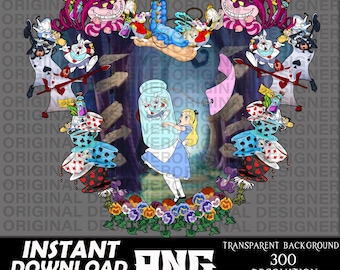 Peut inclure: Clipart numérique sur le thème d'Alice au pays des merveilles représentant Alice tenant un bocal avec un chat du Cheshire à l'intérieur, entourée de cartes à jouer, de tasses à thé et de fleurs.