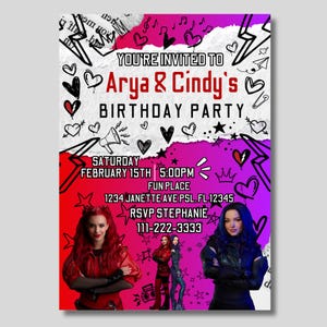 descendant mal and red custom birthday invitation, descendant red party custom, mal birthday invitation, personalized descendants birthday