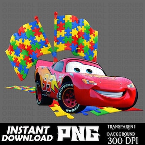 Puede incluir: Un coche de carreras rojo de dibujos animados con el número 95 en el lateral, sonriendo, con dos banderas hechas de piezas de rompecabezas. Las banderas son rojas, amarillas, azules y verdes. La imagen tiene el texto "INSTANT DOWNLOAD PNG TRANSPARENT BACKGROUND 300 DPI".