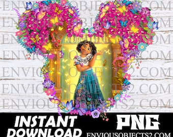 May include: A digital illustration of a Mickey Mouse head shape made of colorful flowers and butterflies. The center of the image features a girl with dark hair wearing a colorful dress and standing in front of a doorway. The background is a white woodgrain pattern.
