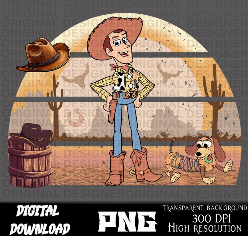 May include: A cartoon illustration of Woody from Toy Story wearing a cowboy hat and vest, standing in a western landscape with a sunset in the background. A Slinky Dog toy is in the foreground.