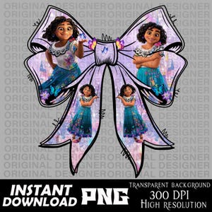 May include: A digital graphic featuring a bow shape with images of a character from a movie. The bow is light purple with black outlines. The character is wearing a white top and a blue skirt. The text "INSTANT DOWNLOAD PNG" is at the bottom.
