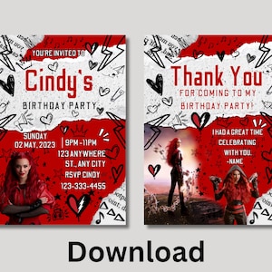 red descendant custom birthday invitation, descendant red custom thank you card, rebel heart birthday card, personalized descendant birthday