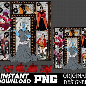 May include: A digital collage featuring Disney villains in a vintage film strip design. The villains include Jafar, Ursula, Captain Hook, Prince John, and Scar. The text "In My Villain Era" is at the bottom of the image.