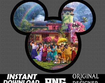 May include: A colorful illustration of a family standing in front of a house with a rainbow in the background. The image is in the shape of Mickey Mouse's head.