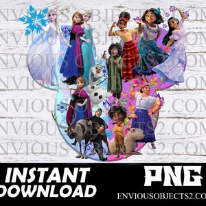 Puede incluir: Un collage digital colorido con personajes de populares películas de animación de Disney, incluyendo Elsa, Anna, Olaf, Mirabel y otros. Los personajes están dispuestos en un diseño con forma de Mickey Mouse sobre un fondo azul claro.