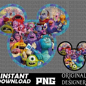 May include: A digital illustration of a Mickey Mouse head silhouette filled with characters from the movie Monsters University. The characters are all wearing blue and purple clothing and are holding signs and banners. The background is a gray and white pattern.