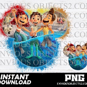 May include: Three cartoon characters, two boys and a girl, are standing in a blue water-like background with a splash of red, yellow, and blue paint. The characters are smiling and holding hands. The background has the text "EnviousObjects2.com" repeated multiple times.