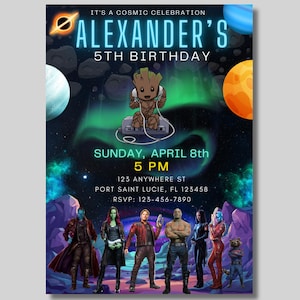 Invitación digital personalizada de cumpleaños de Guardianes de la Galaxia, fiesta de los Guardianes, fiesta de cumpleaños de Groot png, cumpleaños personalizado del espacio exterior png