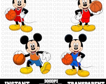 May include: Four cartoon images of Mickey Mouse in basketball uniforms, each holding a basketball. Mickey is wearing red, orange, and blue uniforms. The image includes the text "INSTANT DOWNLOAD PNG TRANSPARENT BACKGROUND".