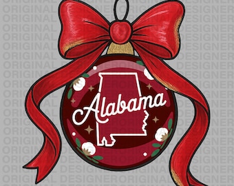 Alabama Christmas png download, red gold Coquette bow PNG, Alabama ornament design, Alabama Christmas sublimation, Alabama printable cricut
