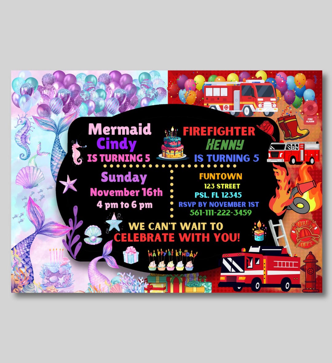 Twins Custom Birthday Invitation, Split Invitation, Mermaid Custom ...