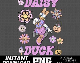 May include: A digital illustration of Daisy Duck dressed in a purple and pink dress with a white collar and a pink bow. She is holding a candy bucket with a jack-o-lantern face. The text "Daisy Duck" is in pink letters with a white outline. There are several other Halloween-themed images around Daisy, including a ghost, skulls, flowers, and candy corn.