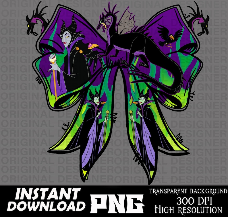 May include: A digital graphic featuring a bow design with a purple and green color scheme. The bow showcases illustrations of a dragon, ravens, and a character in a black cloak. The text "INSTANT DOWNLOAD PNG" is at the bottom.
