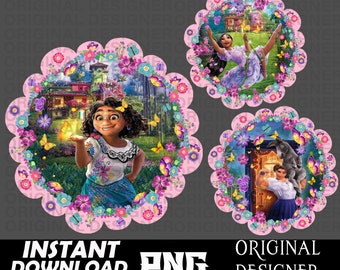 Puede incluir: Tres diseños de papel digital para scrapbooking con personajes de la película animada Encanto. Los diseños presentan un fondo rosa con un borde floral y un personaje de la película en el centro. El primer diseño presenta a Mirabel Madrigal, el segundo diseño presenta a Isabela Madrigal y el tercer diseño presenta a Luisa Madrigal.