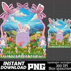 Könnte beinhalten: Eine digitale Illustration einer pinkfarbenen und blauen Osterszene mit einem Hasen, der ein Stirnband mit Hasenohren trägt. Der Hase hält einen Korb mit Eiern. Die Szene ist von Blumen und Eiern umgeben.