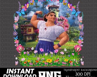 May include: A digital illustration of a woman with brown hair and a blue dress standing in a field of flowers. The woman is flexing her bicep and smiling. The background is a colorful landscape with a building in the distance.