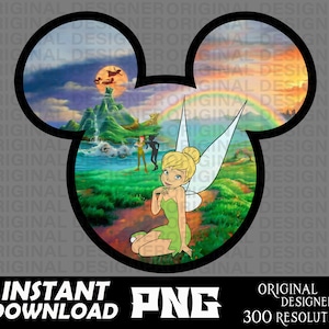 May include: A digital illustration of Tinkerbell, a fairy with green wings and a green dress, sitting on a green hill. The background is a colourful scene with a rainbow, a mountain, and a sky with clouds. The image is in the shape of Mickey Mouse's ears.