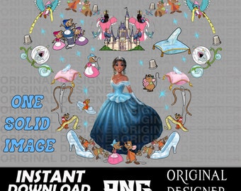 May include: A digital illustration of a princess in a blue gown surrounded by mice, sewing supplies, and a castle. The princess has dark skin and brown hair. The background is a light gray.