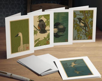 Biglietti d'auguri con illustrazioni di uccelli, articoli di cancelleria ecologici.