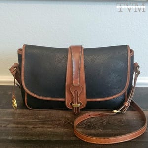 Vintage Dooney & Bourke Equestrian Crossbody Bag | Black All-Weather Leather w/British Tan Leather Trim | RARE 80&#39;s | FREE Priority Shipping