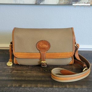 Vintage Dooney & Bourke Surrey Crossbody Bag | Taupe All-Weather Leather w/ British Tan Leather Trim | Large | FREE Priority Shipping