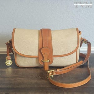 Vintage Dooney & Bourke Equestrian Crossbody Bag | Bone All-Weather Leather w/ British Tan Leather Trim | Small | FREE Priority Shipping