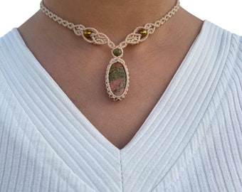 Macrame Necklace with Unakite Gemstone, Energy Healing Stone, Gemstone Choker, Hippie Jewelry
