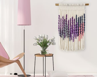 Purple Macrame Wall Hanging with Driftwood Dowel, Woven Tapestry Wall Hanging, Boho Wall Decor, Yarn Wall Art, Boho Wall Decor, Macrame Art