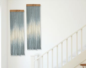Blue Macrame Wall Hanging, Beachy Macrame, Colored Macrame, Dip Dye Fiber Art, Modern Yarn Tapestry, Boho Wall Decor, Fiber Art, Set of Two