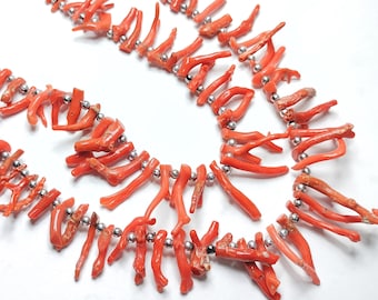 Natural Italian Red Coral Branch Beads, Polished Stick Shape, Jewelry Making Strand