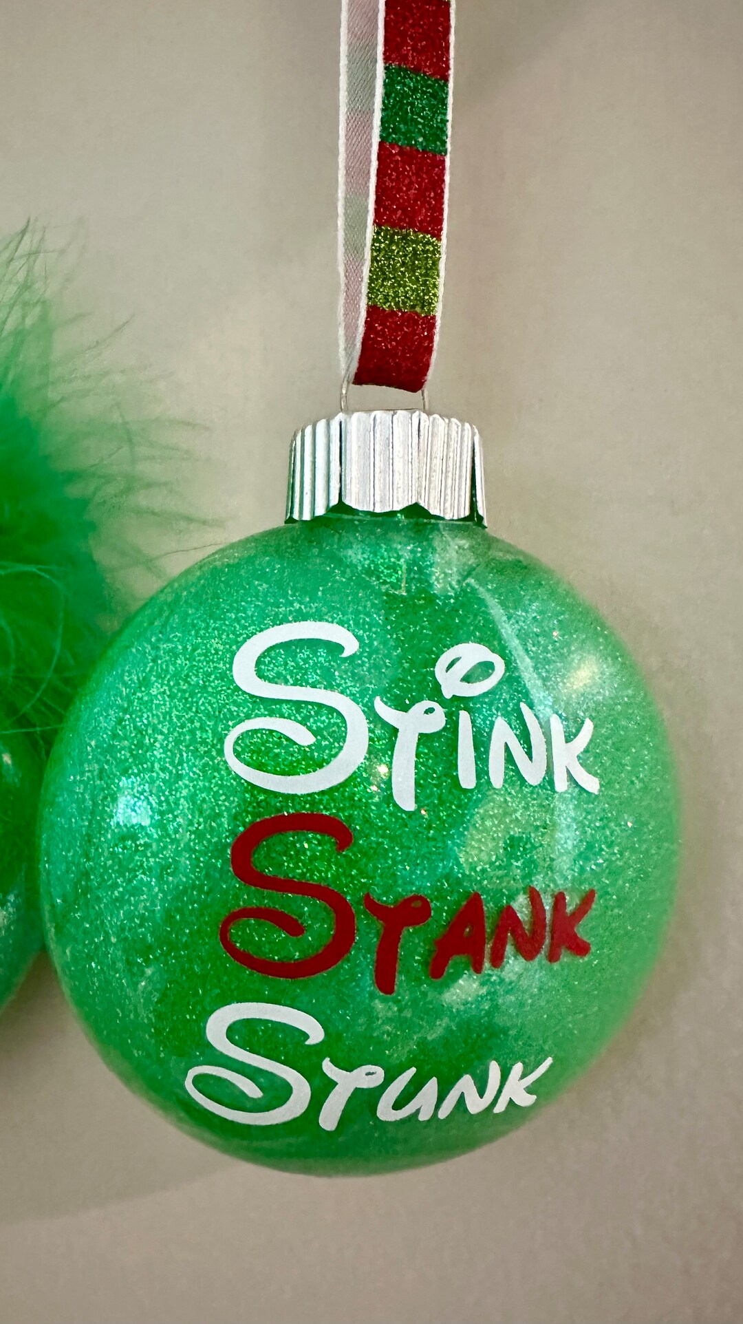Holiday Christmas Glitter Grinch Ornament With Words Stink, Stank
