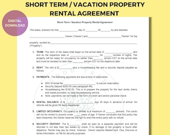 Vacation Rental Agreement Short Term Rental Agreement Etsy