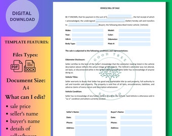 Motor Vehicle Bill of Sale, Digital Print, Instant Download, Car Sale Form, Auto Record, Truck For Sale, Automotive for Sale, Fillable PDF