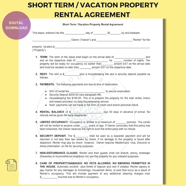 Short term Rental Agreement - Vacation Rental agreements - Short term Rental Template - Short term rental contract lease