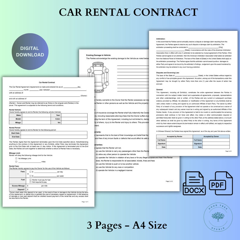 Car Rental Agreement Template: Editable Contract (PDF & Word) - Etsy