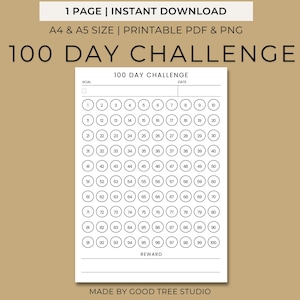 100 Day Challenge Tracker: Printable Goal Setting (A4/A5 PDF & PNG)