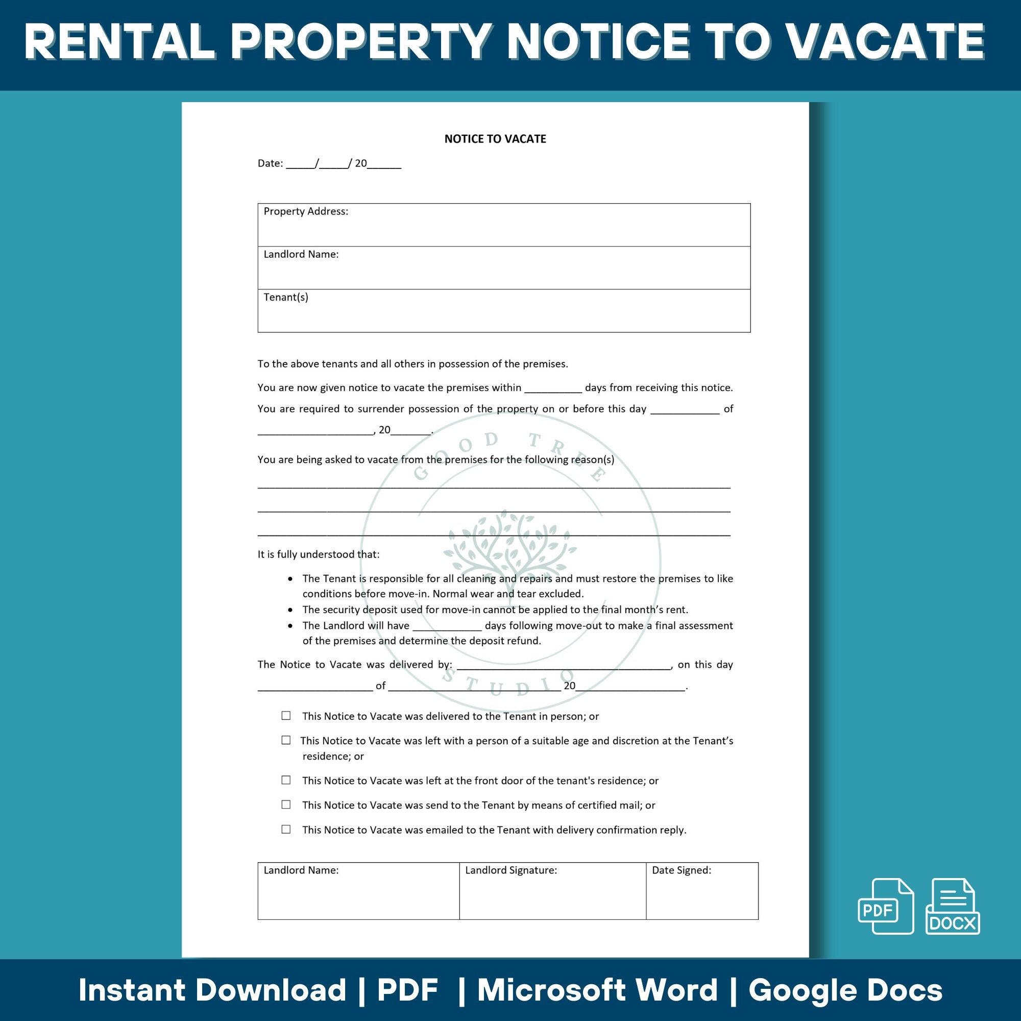 Landlord Notice to Vacate to Tenant Eviction Notice Editable MS Word Template Printable