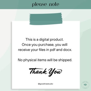 Peut inclure: Une note blanche avec un post-it vert en haut. La note dit "please note" en texte noir. La note dit "Ceci est un produit num&eacute;rique. Une fois que vous achetez, vous recevrez vos fichiers en pdf et docx. Aucun article physique ne sera exp&eacute;di&eacute;. Merci @goodtreestudio"