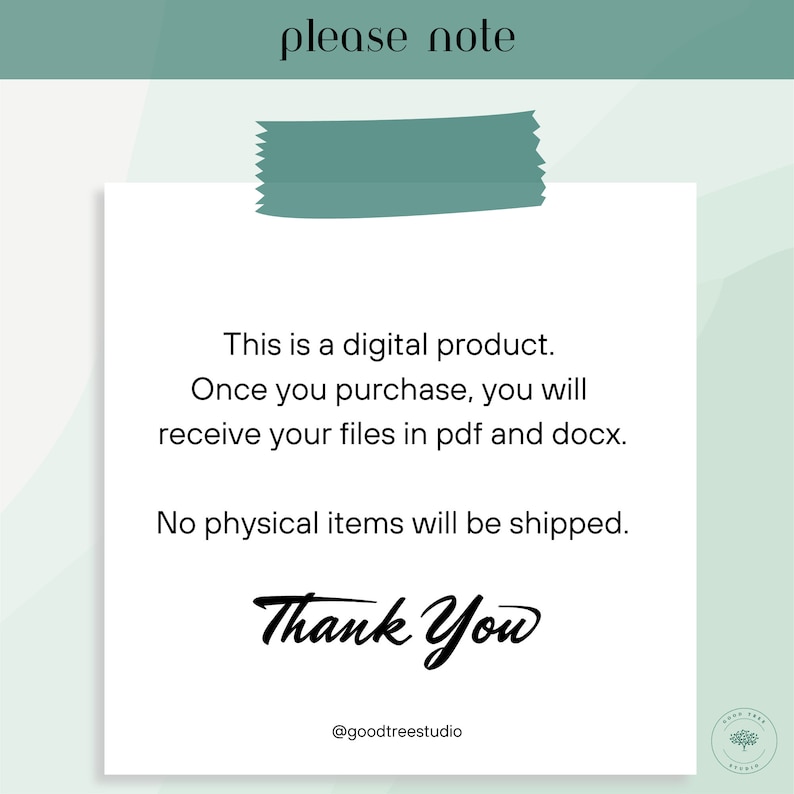 Peut inclure: Une note blanche avec un post-it vert en haut. La note dit "please note" en texte noir. La note dit "Ceci est un produit num&eacute;rique. Une fois que vous achetez, vous recevrez vos fichiers en pdf et docx. Aucun article physique ne sera exp&eacute;di&eacute;. Merci @goodtreestudio"