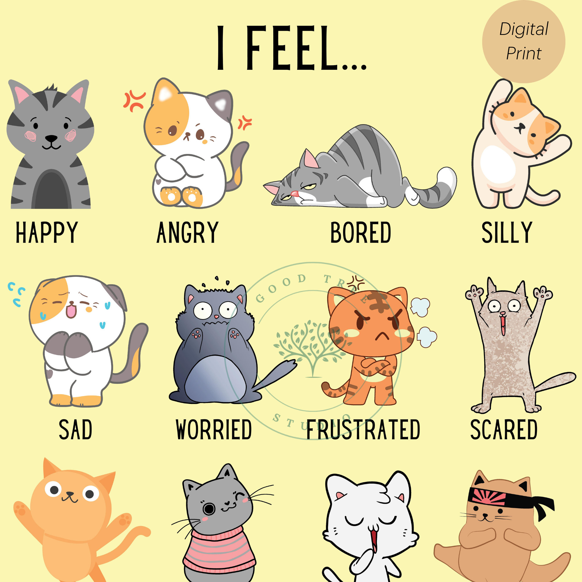I Feel Cats Poster Feelings and Emotions Chart Feelings Etsy
