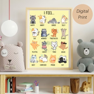 May include: A yellow printable chart with cartoon cats illustrating different emotions. The chart includes the text "I FEEL..." and lists emotions such as happy, angry, bored, silly, sad, worried, frustrated, scared, playful, cheeky, tired, brave, busy, confused, proud, and shy.