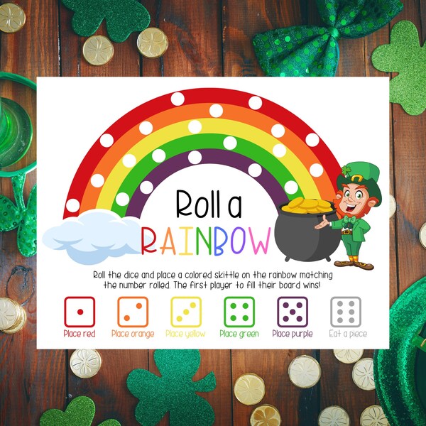 St. Patrick's Day Roll a Rainbow Printable Game, Printable St. Patrick's Day Activity, Classroom Activity, Family Game, Candy game, Skittles