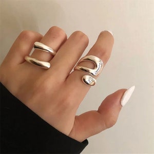 Sterling Silver Chunky Silver Ring Abstarct Adjustable/Resizable Open Band Y2K Men and Women Minimalist Ring For Her