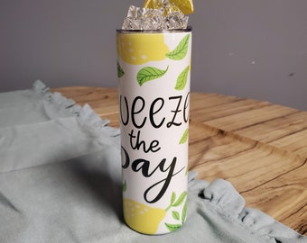 Lemonade 20oz skinny Tumbler with removable topper, Tumbler with Straw Topper, Squeeze The Day